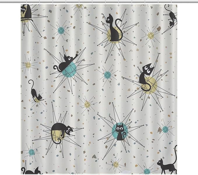 Vintage Mid Century Cats Shower Curtain Black Cat Retro Diamond Atomic 1950s 1960s Abstract Geometric Simple Waterproof Shower Curtains for Bathroom Decor 12 Pack Hooks 66x72in（168x183cm
