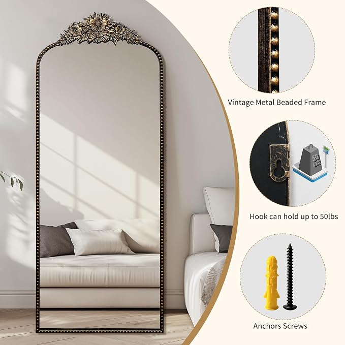 Full Length Mirror, 75x30 Baroque Style Vintage Mirror, Antique Metal Frame Wall Mirror, Traditional Art Home Decor for Living Room, Bedroom, Entryway,Retro Black