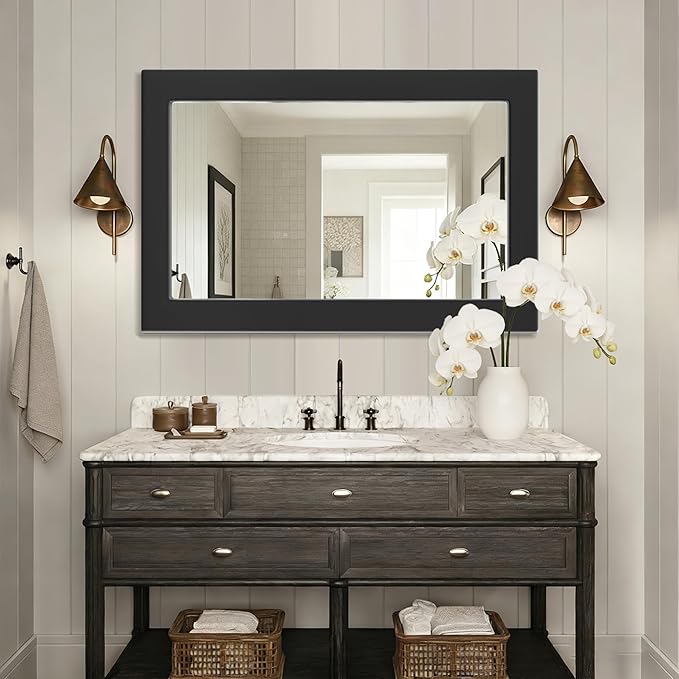 54''x36'' Rustic Wall Mirror for Bathroom Black Wood Frame, Classic Rectangle Mirror Farmhouse Vanity Wall Mirror Decor Living Room, Bedroom, Entryway