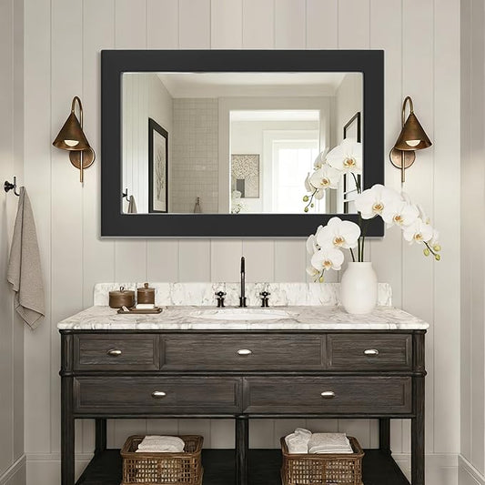 54''x36'' Rustic Wall Mirror for Bathroom Black Wood Frame, Classic Rectangle Mirror Farmhouse Vanity Wall Mirror Decor Living Room, Bedroom, Entryway