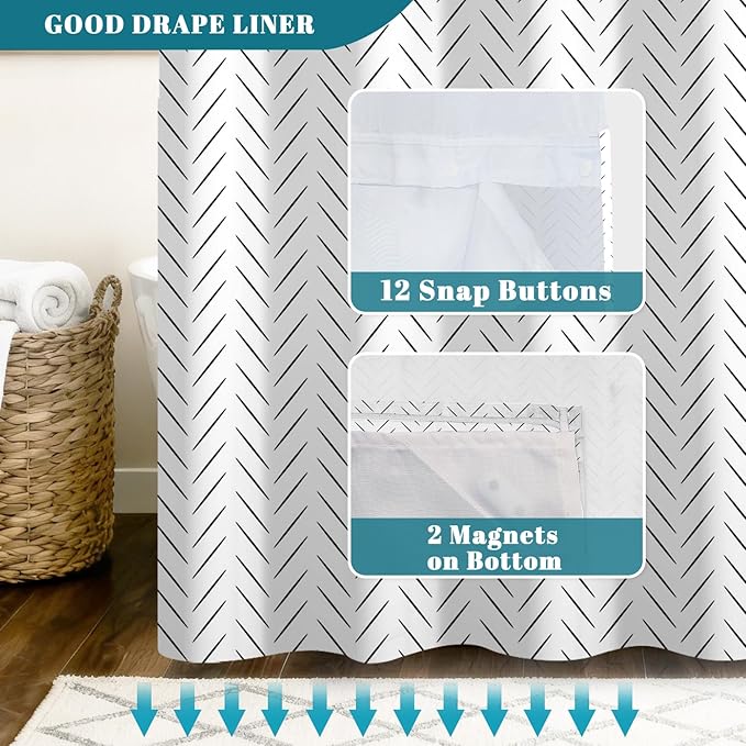 No Hook Shower Curtain with Snap in Liner, Minimalist Black and White Herringbone Geometric Shower Curtains for Modern Neutral Bathroom, Waterproof Bath Curtain with Mesh Top, 71x74 Inch