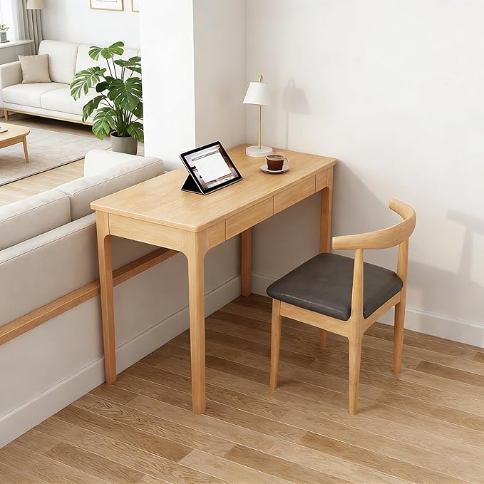 Solid Wood Desk with Drawers, Mid Century Modern Home Office Writing Desk, Vintage Computer Desk with Storage for Living Room, Bedroom(80x56x75cm, Natural)