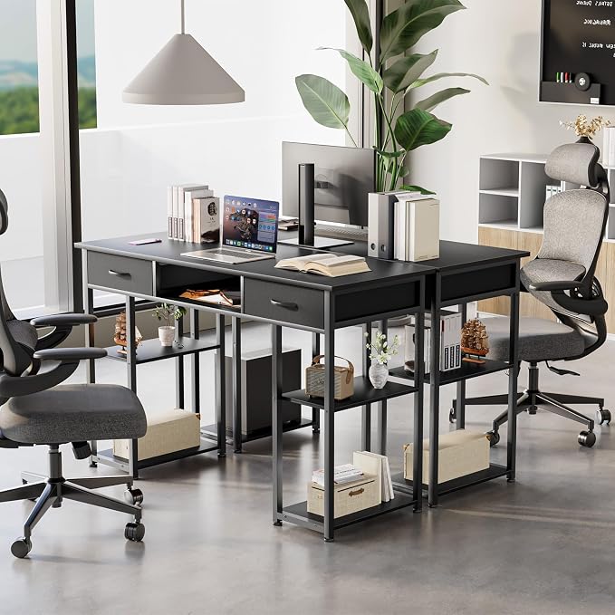 DUMOS 48" Small Computer Home Office Desk for Bedroom with Drawers, Gaming Writing Study Table with Storage Shelf, Adjustable Feet, Compact Desk for Gaming and Home Office Use, Metal Frame Black