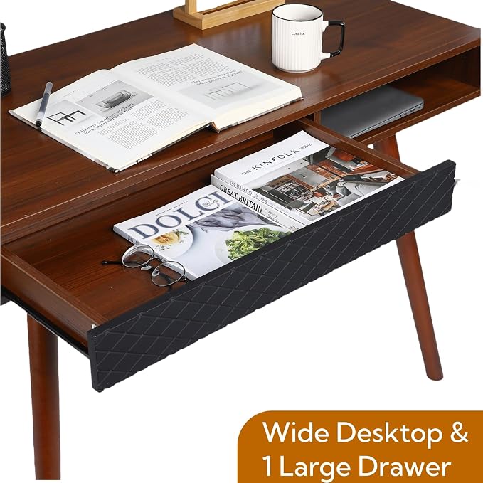 GarveeHome 42 in Mid Century Home Office Writing Desk, Modern Simple Computer Desk with Drawer and Open Storage Cubby, Small Vanity Table Desk for Bedroom, Walnut