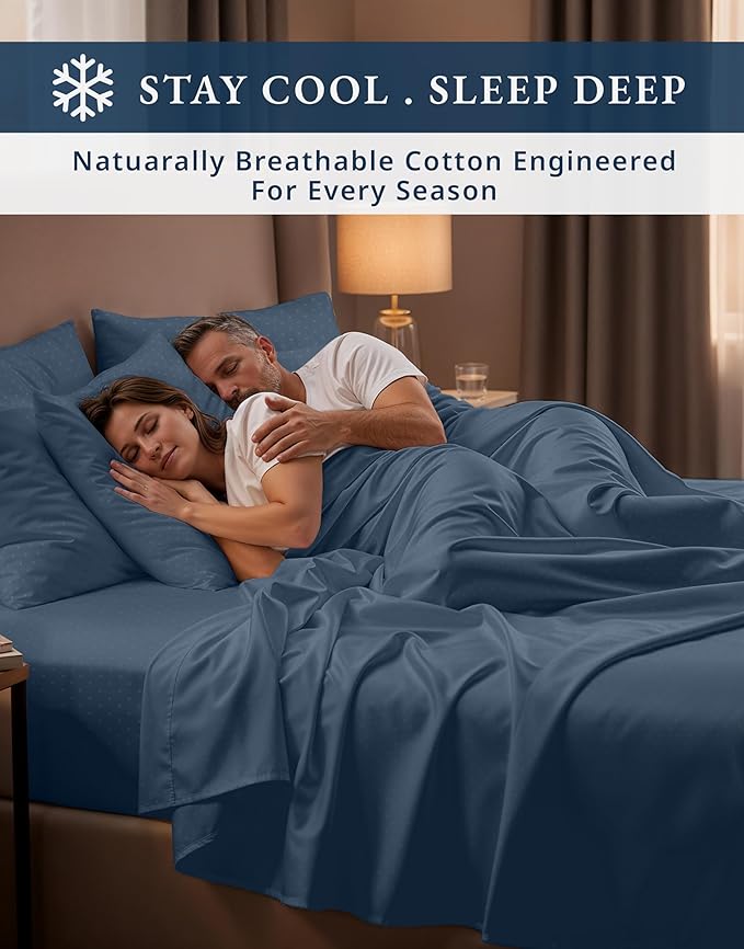 LANE LINEN 100% Egyptian Cotton Queen Sheet Set, 15 inch Deep Pocket, French Reinforced Pocket Seams for Soft, Comfy & Fresh Bed Eco Friendly Cooling Sheets Queen - Swiss Dot Estate Blue