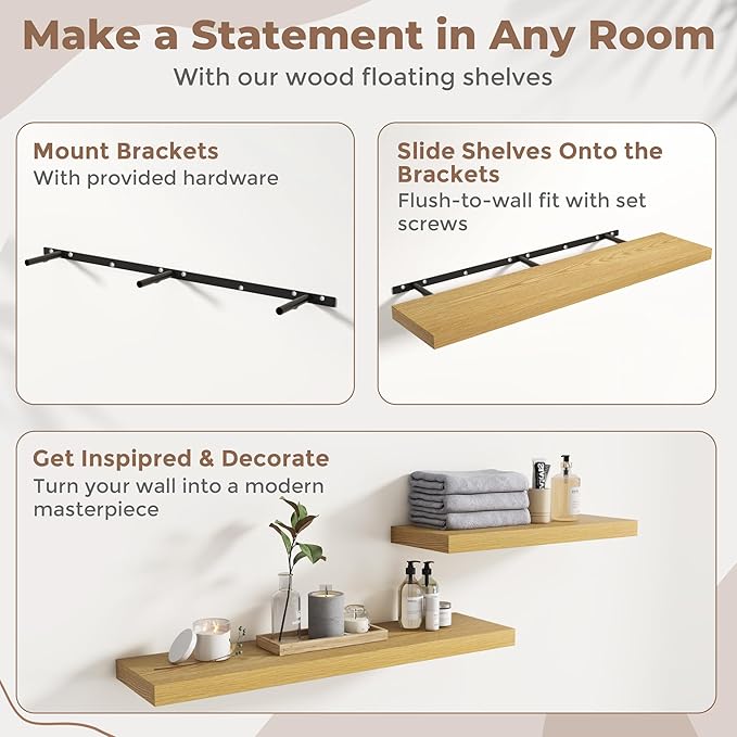 Floating Shelves for Wall with Invisible Brackets, Wall Mounted Engineered Wood Shelves with Wood Grain for Living Room, Bedroom, Bathroom, Kitchen Decor and Storage, Oak, 55"L Set of 2, Oak