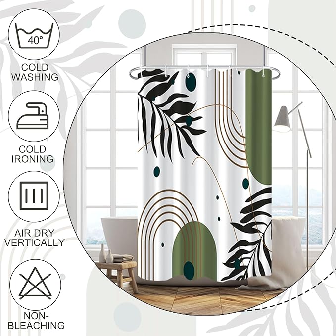 Baocicoo Mid Century Boho Shower Curtain Botanical Abstract Green Leaf Shower Curtain for Bathroom Hostel Hotel Cubicle Bathtub Decor Durable Waterproof Curtain for Bathroom with Hooks 36x72 Inches