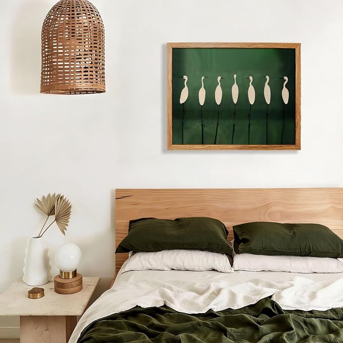 Japanese Cranes Wall Art 24x36 inch Framed Retro Bird Animal Canvas Poster Nature Minimalist Green Home Prints for Living Room Bedroom Office Decor
