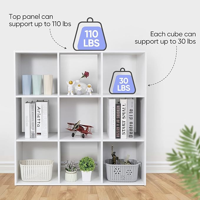 JupiterForce 9 Cube Storage Organizer, Wooden Cube Shelf W/ 5 Removable Back Panels, Customizable Cube Bookcase Bookshelf Freestanding Display Shelf for Home, Office, Bedroom and Living Room (White)