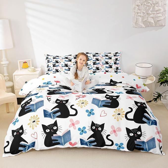 Erosebridal Kawaii Pet Cat Comforter Cover Full Black Kitten Cat Lovers Bedding Set Trendy Preppy Florals Duvet Cover for Kids Girls Boys Adults Cute Animals Reading Aesthetic Bed Set