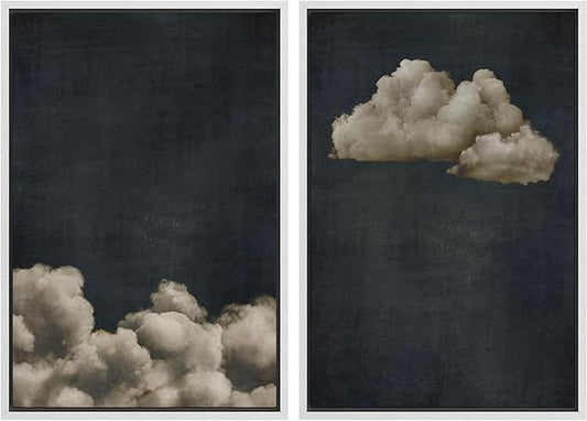 MUDECOR Framed Canvas Print Wall Art Vintage Cloudscape Dark Moody Sky with Floating Clouds Illustrations Modern Art Decorative Chic for Living Room, Bedroom, Office - 24"x36"x2 White