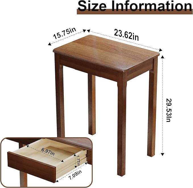 Solid Wood Desk with Drawers - 23.6" Narrow Desks for Small Spaces, Mid Century Modern Desks, Small Wooden Vintage Computer Writing Desk, Study Table for Home Office Bedroom, Walnut