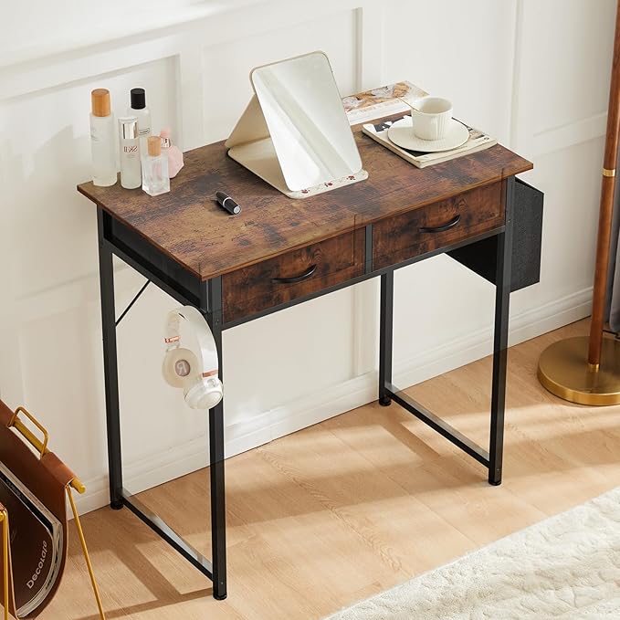 DUMOS 32" Home Office Computer Desk with Drawers, Small Gaming Writing Study Table with Storage Side Bag, Headphone Hook and Adjustable Feet for Bedroom Rustic Brown