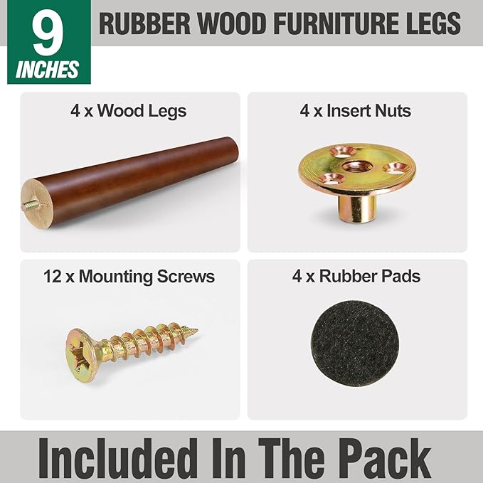 FoDau770 Brown Rubber Wood Furniture Legs 9 Inches, Straight Tapered Wood Feet Mid Century Sofa Legs Set of 4, 5/16" UNC Furniture Feet for Cabinet Couch Dresser Chair Ottoman Table