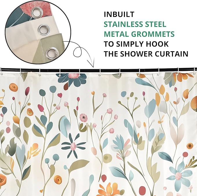 Colorful Floral Shower Curtain, Boho Wildflower Cute Flower Herbs Waterproof Fabric Machine Washable for Bathroom Bathtub Decor with Hooks 72x72