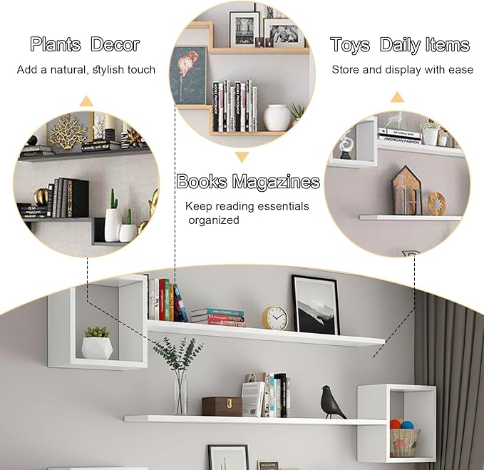Wall Mounted Shelves Wooden Floating Shelf Home Decor for Wall, Sofa, Bathroom, Bedroom, Living Room, Kitchen, Office White-3-layer 47"