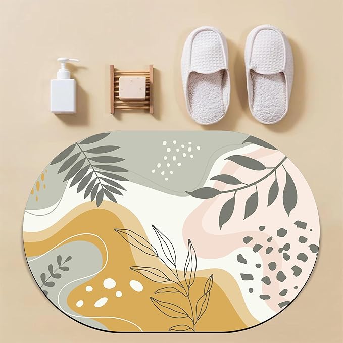 Oval Bath Mat Forest Tropical Leaves Diatomaceous Mud Mats with Rubber Backing Ultra Soft Washable 23.6"×15.7" Quick Dry Thin Bath Rugs for Bathroom Floor Bathtub Vanity Easy Care