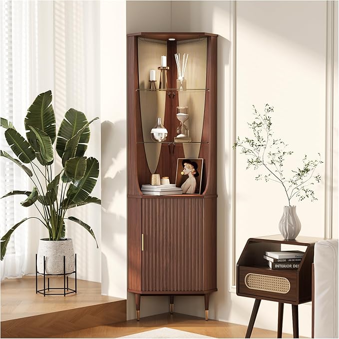 70" Tall Corner Bar Cabinet, Mid-Century Modern Fluted Storage Cabinet with Glass Shelves, Door & LED Lighting, Space-Saving Liquor Cabinet for Living Room, Kitchen, or Dining Room, Walnut