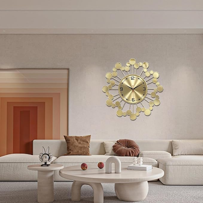 Mid Century Modern Gold Silent Wall Clock Non Ticking for Living Room, 23 inch Decorative Round Black Clock for Wall, Unique Metal Fancy Clock Wall Decor for Bedroom Entryway