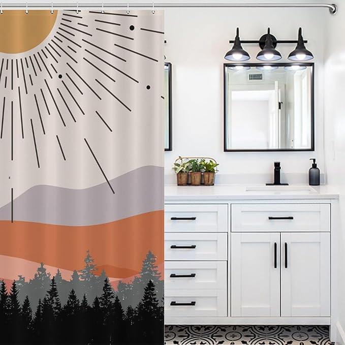 Mid Century Boho Shower Curtain,Abstract Sunset Geometric Mountain Forest Aesthetic Bathroom Curtain Polyester Waterproof Fabric Decor 66x72in（168x183cm）