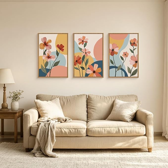 FWIEXA Boho Floral Canvas Wall Art,Pink Flower Pictures Wall Decor,Modern Orange Flowers Wall Art,Abstract Plant Botanical Art Print,Wildflower Bohemian Artwork for Bedroom Rustic Farmhouse 16x24''x3