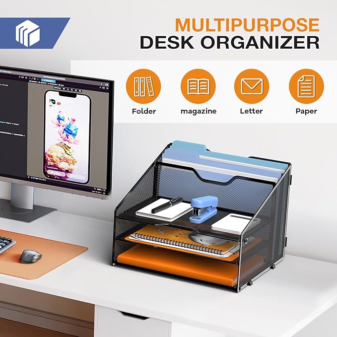GAWERK Letter Tray Organizer, Mesh Desk File Organizer with 3 Paper Trays and 2 Vertical Upright Section (Silver)