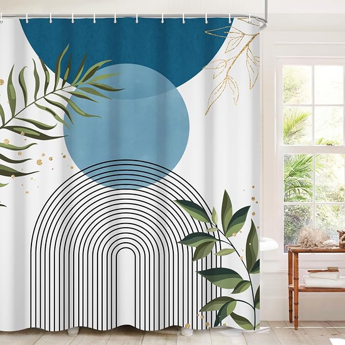 Boho Mid Century Shower Curtain, Light Blue Modern Minimalist Abstract Geometric Gold Plant Leaves Sun Arch Bathroom Curtains Waterproof Fabric Buthtub Curtain Set with Hooks 66" Wx72 L
