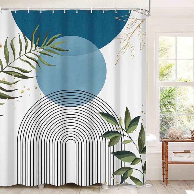 Boho Mid Century Shower Curtain, Light Blue Modern Minimalist Abstract Geometric Gold Plant Leaves Sun Arch Bathroom Curtains Waterproof Fabric Buthtub Curtain Set with Hooks 48" Wx72 L