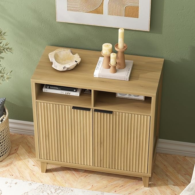 Buffet Cabinet with Storage - Elegant Fluted Storage Cabinet with Adjustable Shelves and Solid Wood Leg, Modern Buffet Sideboard for Living Room, Dining Room, Entryway