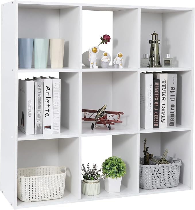 ZenStyle 9 Cube Storage Shelf Organizer, Wooden Bookshelf System Display Cube Shelves Compartments, Customizable W/ 5 Removable Back Panels (White)