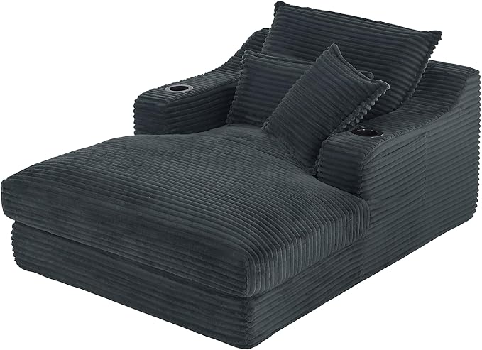 67" Boneless Chaise Lounge Chair Indoor, Oversized Chaise Lounge with Cup Holders, 3 Pillows, Side Pockets & Armrest, Corduroy Upholstered Plush Sleeper Sofa Chair Bed for Living Room, Apartment | Breathable material