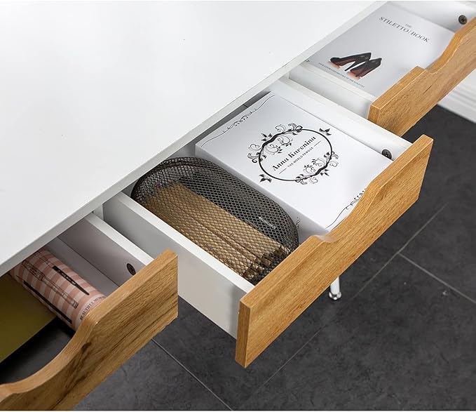 DlandHome Computer Desk with Drawers Mid Century Modern Desk 41.3 Inches Vanity Desk with 3-Drawers, Office Desk with Drawers Writing Desk Study Table Makeup Tables, Bedroom Dresser Table