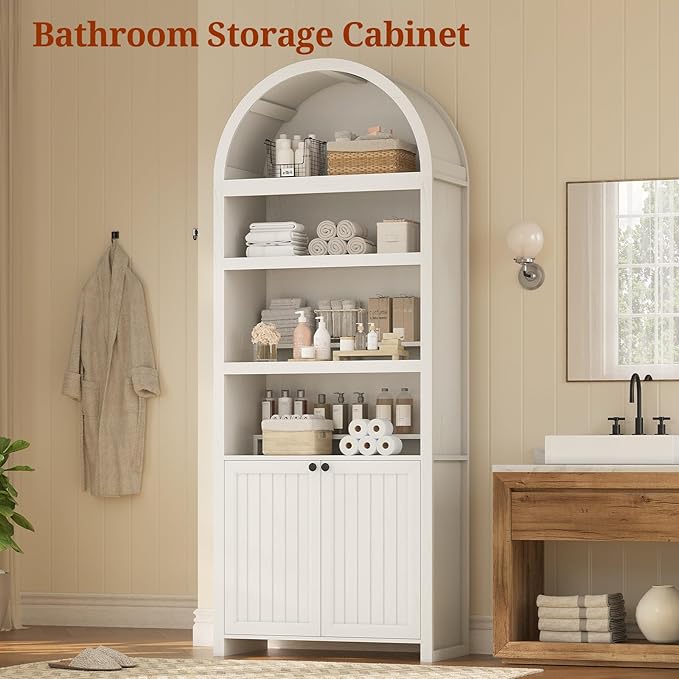 81" Tall Arched Cabinets,Bookcase with storage,Mid-Century Modern 6-Tier Bookshelf with Door,2 Book Risers and Adjustable Shelves give more storage space for Living Room,Home Office Antique White