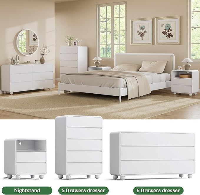 Lulive Wood Dresser for Bedroom, 53” Wide Chest of Drawers with 6 Drawers, Modern Closet Storage Drawer with Curved Profile Design for Living Room, Hallway, Entryway, White