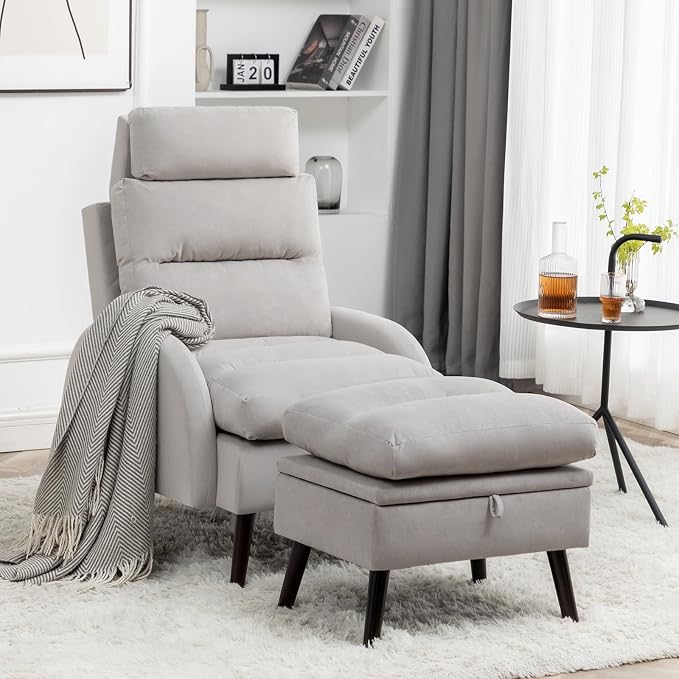 HCHAIRH Accent Chair with Ottoman, Comfy Reading Chair with Ottoman Set, Modern Oversized Velvet Lounge Armchair with Adjustable Backrest for Living Room Bedroom (Grey)