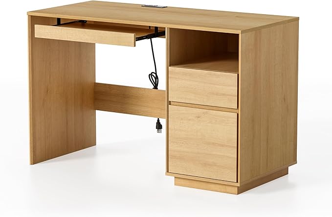 Farmhouse Computer Desk with File Drawer, 47" Executive Desk with Charging Station and Open Storage Compartment Wood Home Office Desk for Writing Study Working, Matural Oak