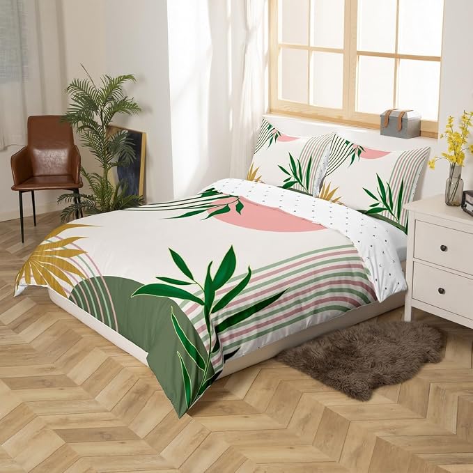 Erosebridal Abstract Geometric Comforter Cover Full for Kids Boys Girls,Mid Century Green Pink Duvet Cover,Botanical Plant Leaves Bedding Set,Minimalist Simple Bed Set 3 Pcs Bedroom Decor