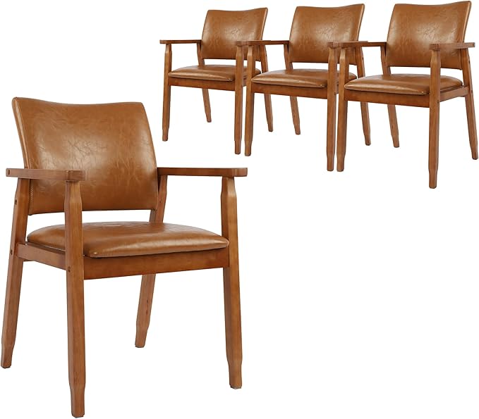 NOBPEINT Mid-Century Dining Side Chair with Faux Leather Seat in Brown, Arm Chair in Walnut, Set of 4