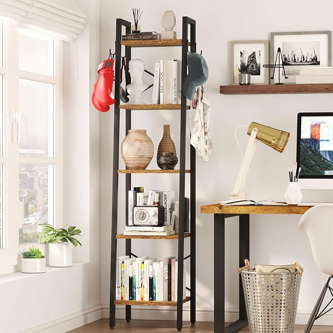 YMYNY 5 Tiers Ladder Bookcase, Industrial Narrow Bookshelf, Open Display Rack with 4 S Hooks, Metal Storage Shelves for Bedroom, Home Office, Living Room, Rustic Brown, 63H*13.4L*11.8W, UHBC025H