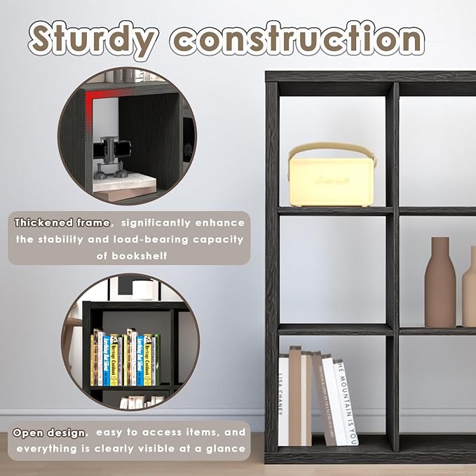 Endearing Limons【2026 Wooden Thick Border 6 Cube Shelf Storage Organizer with Anti-Tipping Kits + Reversible Open Back Bookcase (11x 11 Unit Cell Chocolate)