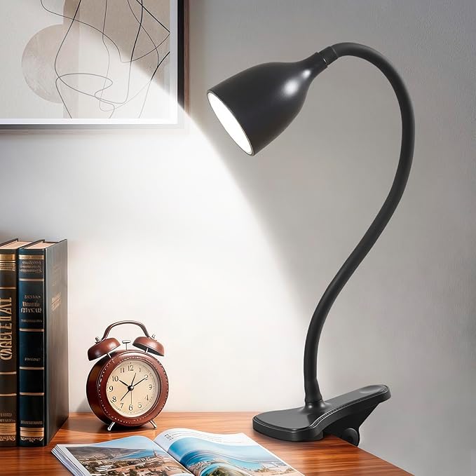 EJIAXIN Desk Lamp for Home Office - Clip on Reading Light and Bed Headboard Clamp Lamp, Bedside Gooseneck Table Lamp, Clip on Desk Lamps, Eye-Caring Desk Lamp for College Dorm Room Study Lamp, Black