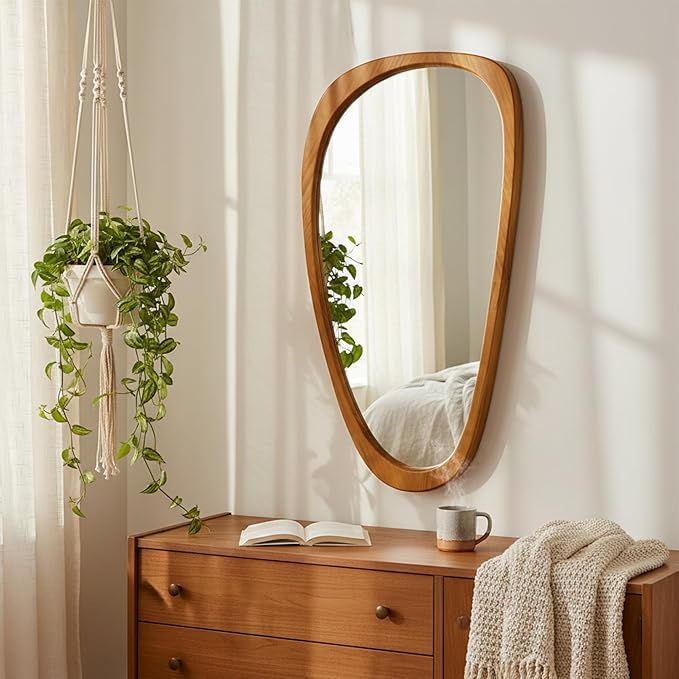 Irregular Asymmetrical Wall Mirror 48"×24" with Solid Wood Frame, Organic Mid-Century Modern Decorative Full-Length Wall Mirror for Living Room, Entryway, Bedroom & Bathroom