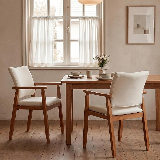 Set of 2 Mid Century Modern Walnut Dining Chairs Wood Arm Beige Fabric Kitchen Cafe Living Room Decor Furniture