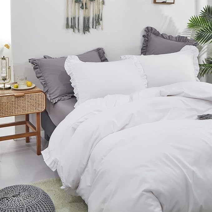 Pureant White Ruffle Comforter Set King Boho White Lace Bedding Comforter Vintage Farmhouse Comforter Women Girls Solid White Shabby Chic Bed Quilts Plain White Lightweight Fluffy Ruffled Fringe Bed