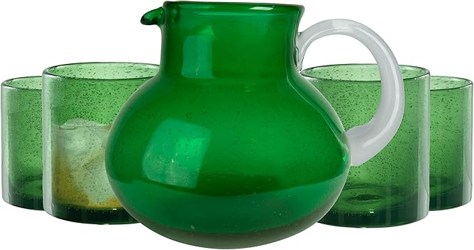 ARTLAND Iris 90oz Handcrafted Pitcher & 14oz Double Old Fashion Glasses (Set of 4) - Lead-Free Bubble Drinkware for Elegant Dining & Serving - Ideal for Water, Cocktails, Juice, Gatherings (Green)