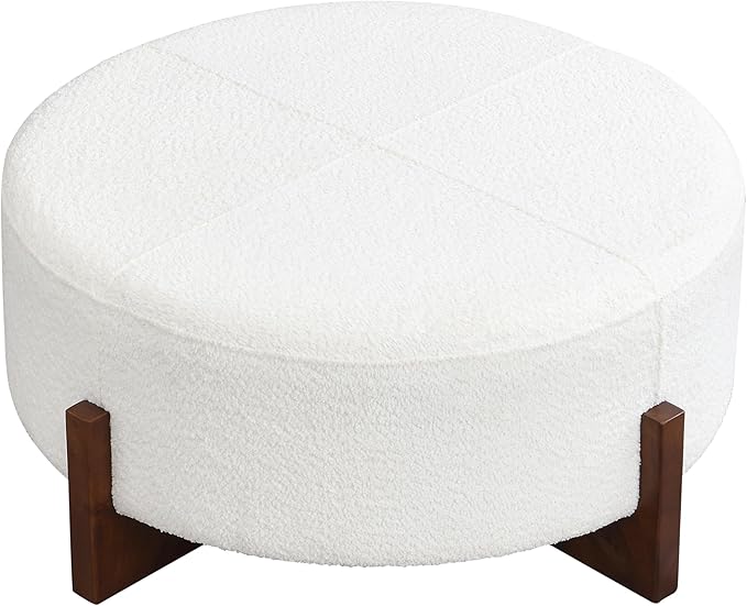 Christopher Knight Home Holmes Modern Boulce Upholstered Ottoman Coffee Table, Wooden Round Cocktail Ottoman, Large Living Room Sofa Footstool/Footrest, White+Walnut