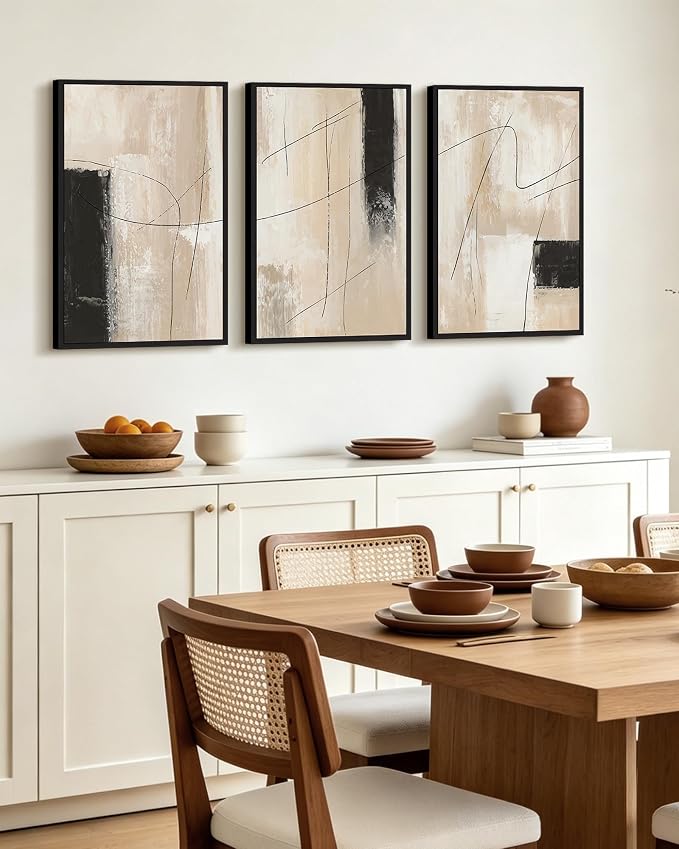 KUVIOKE Abstract Framed Wall Art Minimalist Beige Pastel Watercolor Neutral Wall Decor Modern Black Line Art Painting Home Decor 16x24in (Black Framed)
