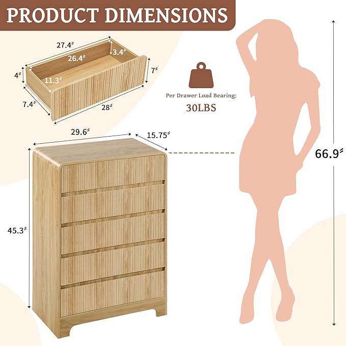 BERRYMERRY 5 Drawer Dresser for Bedroom,Flute 45" Tall Dresser with Curved Profile, Mid Century Modern Vertical Wood Drawer Organizer for Bedroom Living Room