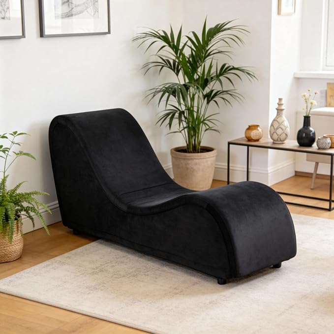 Black Ergonomic Curved Chaise Lounge Chair for Relaxing, Sofa Bench with Heavy-Duty Metal Frame & Removable Velvet Cover