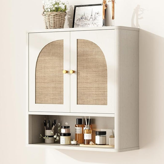 RUSTOWN Rattan Bathroom Wall Cabinet, Over The Toilet Storage Cabinets with 2 Arched Doors, Modern Medicine Cabinet with Adjustable Shelf & Rounded Edges, Mid-Century Bathroom Organization